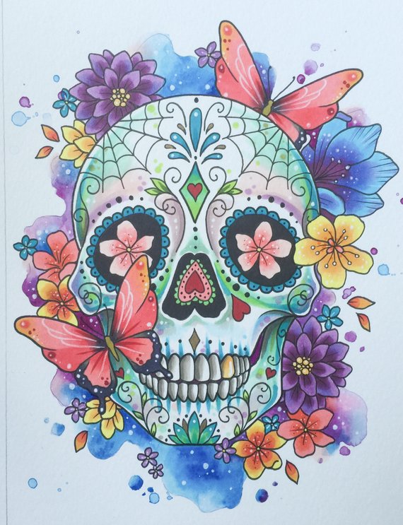 570x743 Sugar Skull Print Day Of The Dead Tattoo Print Mexican Etsy - Day Of The Dead Watercolor