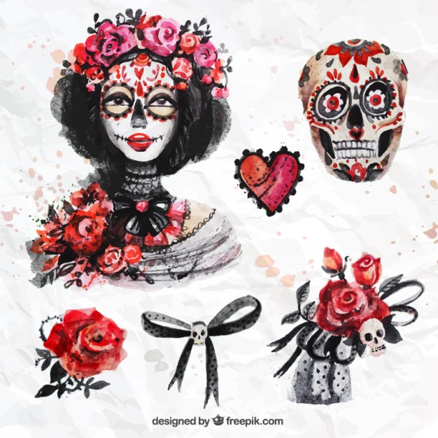 626x626 Watercolor Day Of The Dead Elements Vector Free Download - Day Of The Dead Watercolor