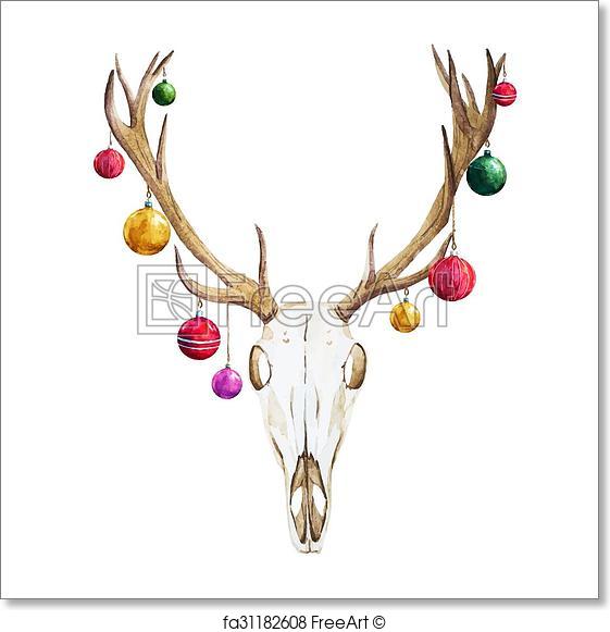 561x581 Free Art Print Of Christmas Deer Skull. Beautiful Vector Image - Deer Skull Watercolor