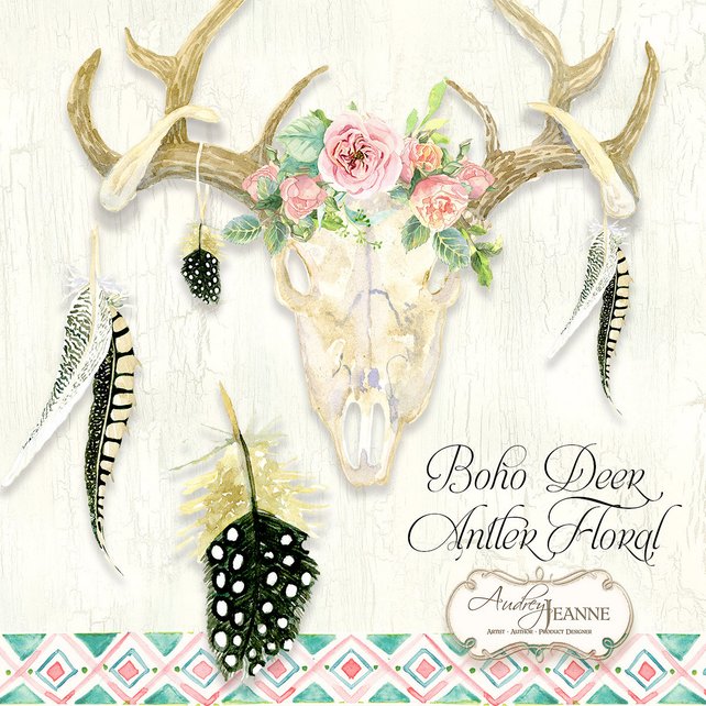642x642 Watercolor Boho Floral Deer Antlers Deer Skull Digital Clip Etsy - Deer Skull Watercolor