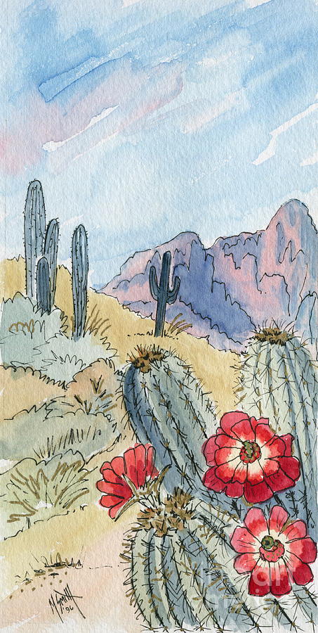 453x900 Desert Scene One Ink And Watercolor Painting By Marilyn Smith - Desert Watercolor