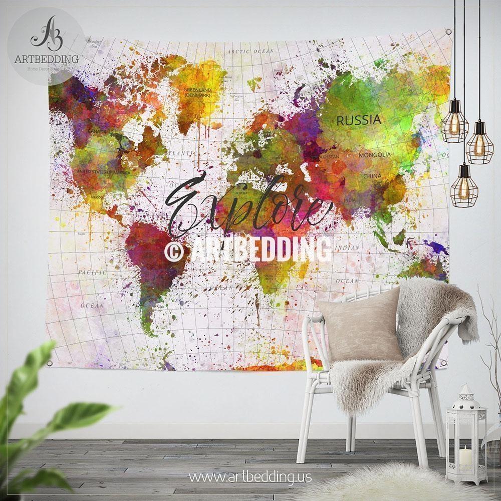 1000x1000 Expore World Map Wall Tapestry, Detailed World Map Watercolor Wall - Detailed Watercolor