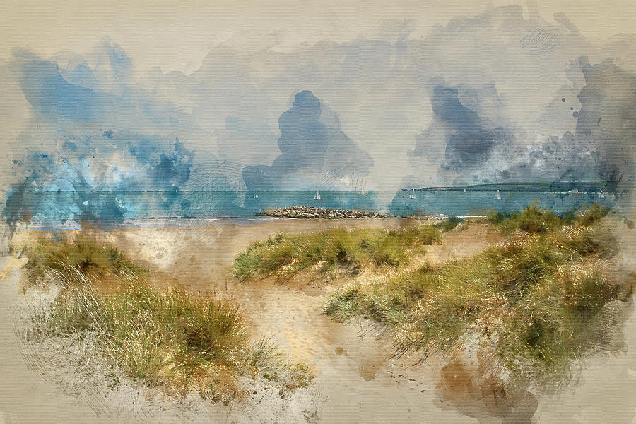 900x600 Digital Watercolor Painting Of Beautiful Sand Dunes And Beach - Digital Watercolor