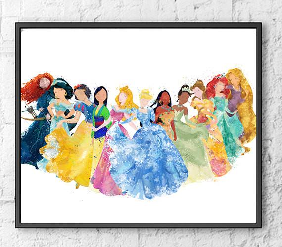 570x499 Disney Princesses Digital Watercolour Poster Cowazinga - Disney Princess Watercolor