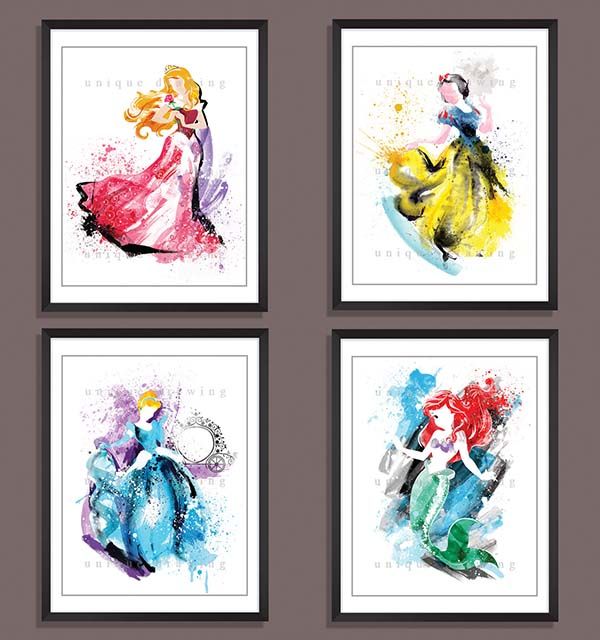600x640 Watercolor Styled Disney Princess Poster Set - Disney Princess Watercolor