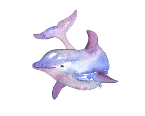 570x456 Dolphin Watercolor Art Print Ocean Animal Purple Blue Modern Etsy - Dolphin Watercolor