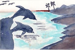 300x200 Original Watercolor Painting Happy Dolphin Handpainted Watercolor - Dolphin Watercolor Painting