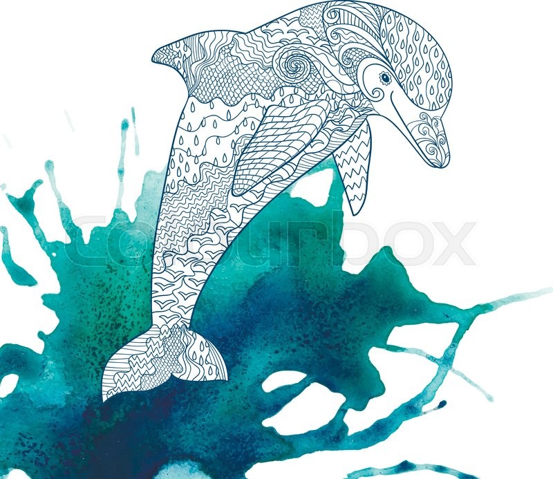 800x693 Happy Dolphin With High Details On Watercolor Background. Adult - Dolphin Watercolor Tattoo
