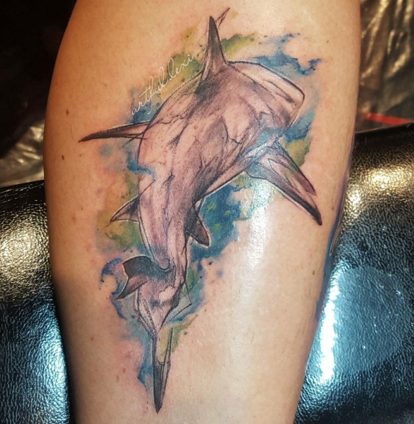 1388x1423 Watercolor Shark Done - Dolphin Watercolor Tattoo