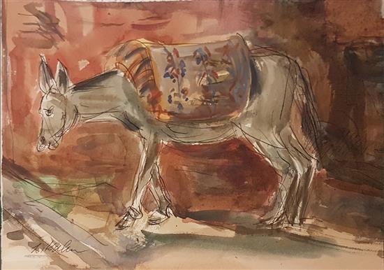 550x386 Leo Kahn 1894 1983 (Israeli) Donkey Watercolor On Paper - Donkey Watercolor