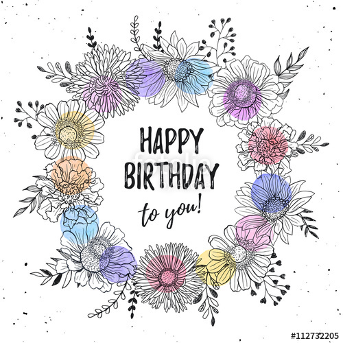 500x500 Birthday Greeting Card With Flowers Hand Drawn Black On White - Doodle Watercolor