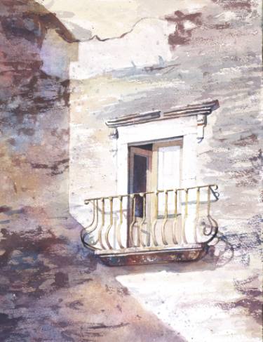 375x487 Watercolor Painting Of Exterior Door And Balcony On Weathered - Door Watercolor
