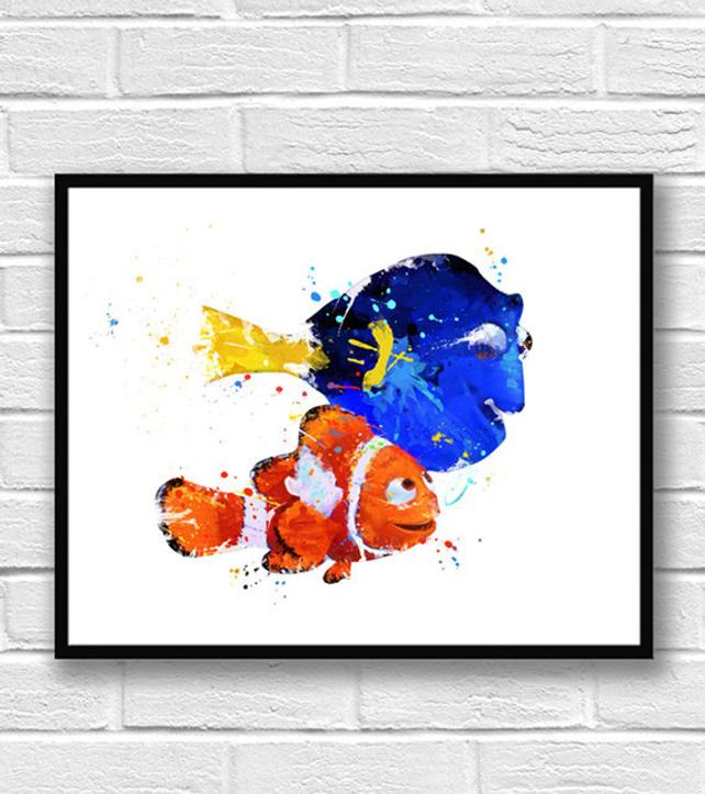 642x723 Nemo And Dory Watercolor Print Finding Nemo Art Kids Room Etsy - Dory Watercolor