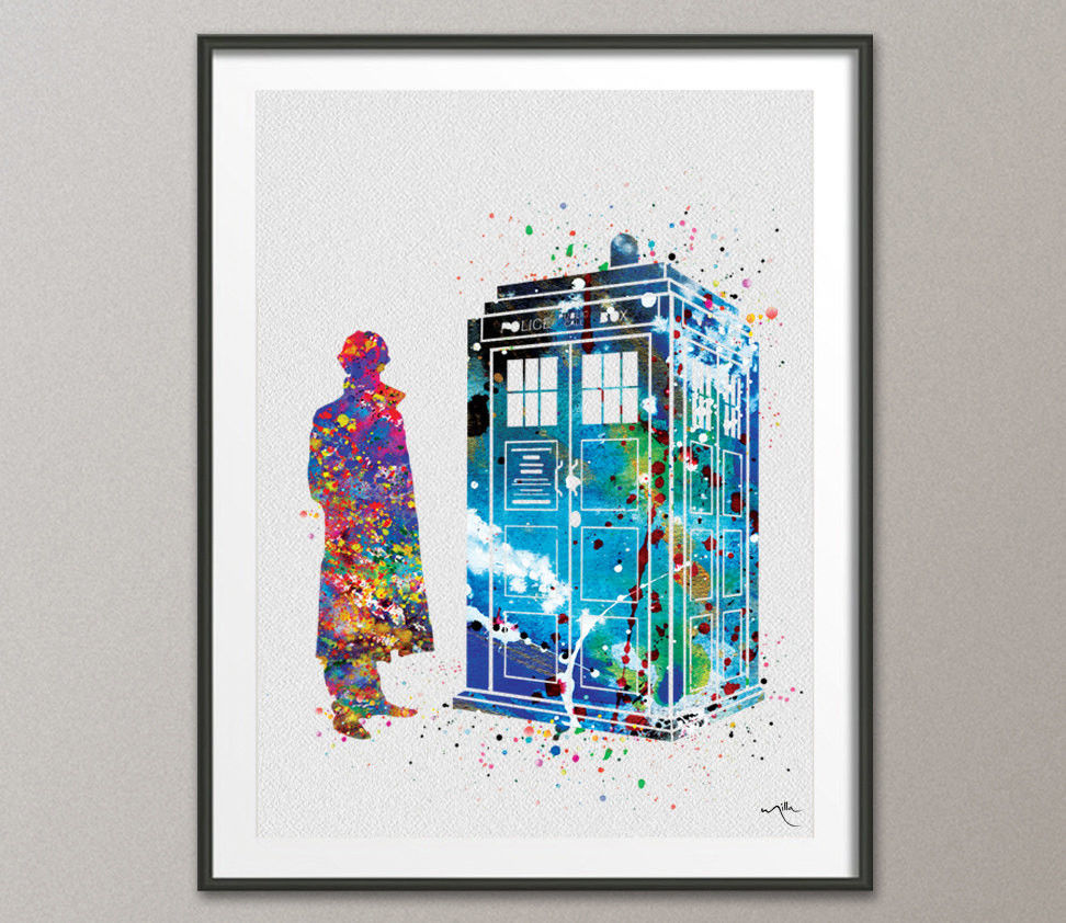 972x842 Tardis And Sherlock Holmes Dr Who Watercolor Painting Print Wall - Dr Who Watercolor