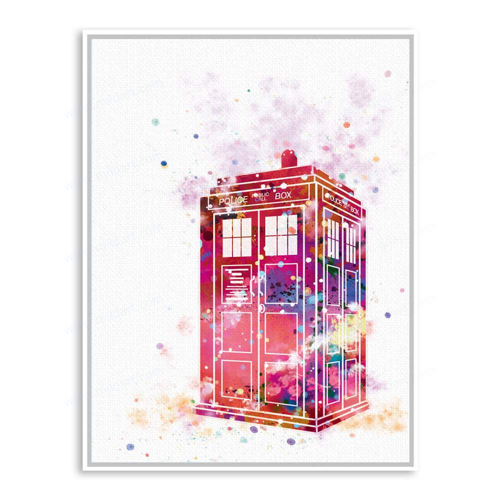 1000x1000 Watercolor Dr Who Telephpne Booth Framed Canvas Painting - Dr Who Watercolor