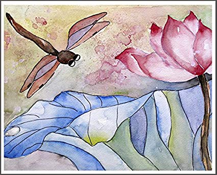 425x343 Pink Lotus Dragonfly Watercolor Painting Print Flower - Dragonfly Paintings Watercolor