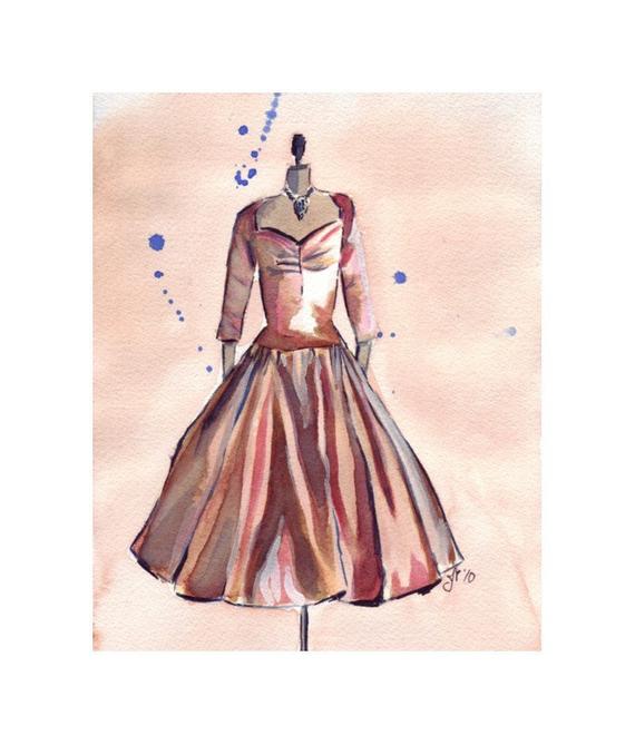 570x669 Watercolor Painting Retro Fashion Art Bronze Vintage Dress Etsy - Dress Watercolor