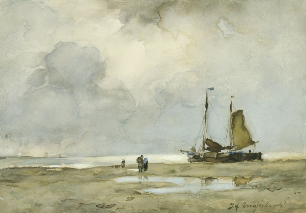 1000x696 Beached Boat, By Johan Hendrik Weissenbruch, C. 1895, Dutch - Dutch Watercolor
