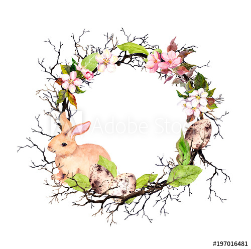 500x496 Easter Bunny, Eggs, Branches, Spring Flowers, Leaves. Floral - Easter Bunny Watercolor