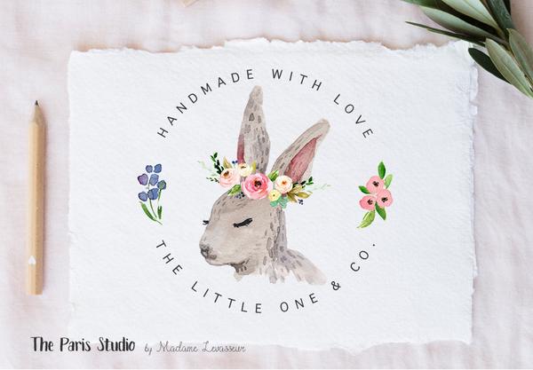 600x417 Easter Bunny Floral Watercolor Wreath Logo Design By The Paris - Easter Bunny Watercolor