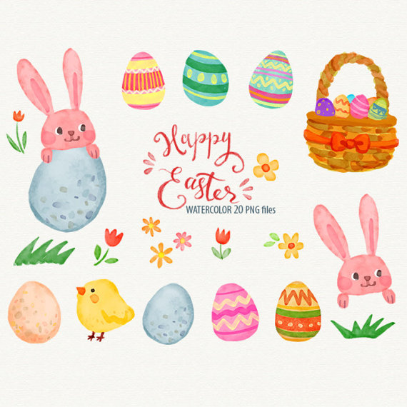 570x570 Happy Easter Watercolor Clipart Rabbit Clip Art Bunny Easter - Easter Watercolor
