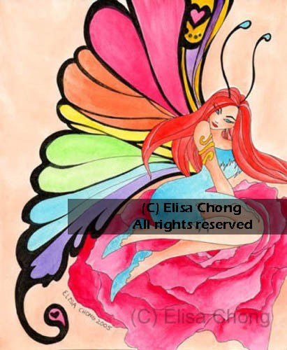 411x500 Rainbow Winged Butterfly Faerie Red Rose Original Watercolor - Easy Watercolor Paintings Of Butterflies