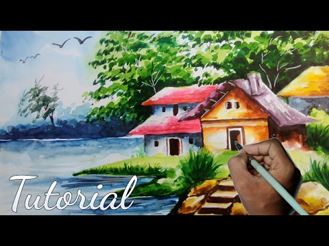 480x360 How To Draw Riverside Landscape Watercolor Painting Step By Step - Easy Watercolor Paintings Of Spring Landscapes