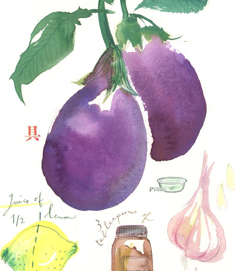 800x921 Grilled Eggplant Illustrated Recipe. Original Watercolor Painting - Eggplant Watercolor