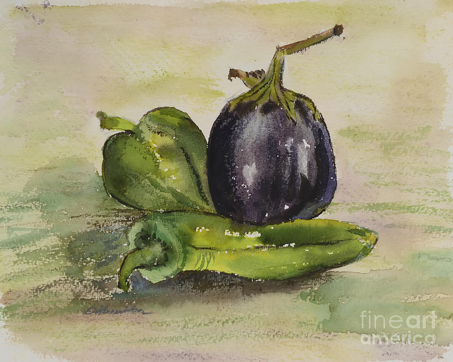 900x720 Peppers And Eggplant Watercolor Painting By Olga Hamilton - Eggplant Watercolor