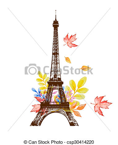 382x470 Watercolor Leaves And Eiffel Tower. Autumn Background With - Eiffel Tower Watercolor