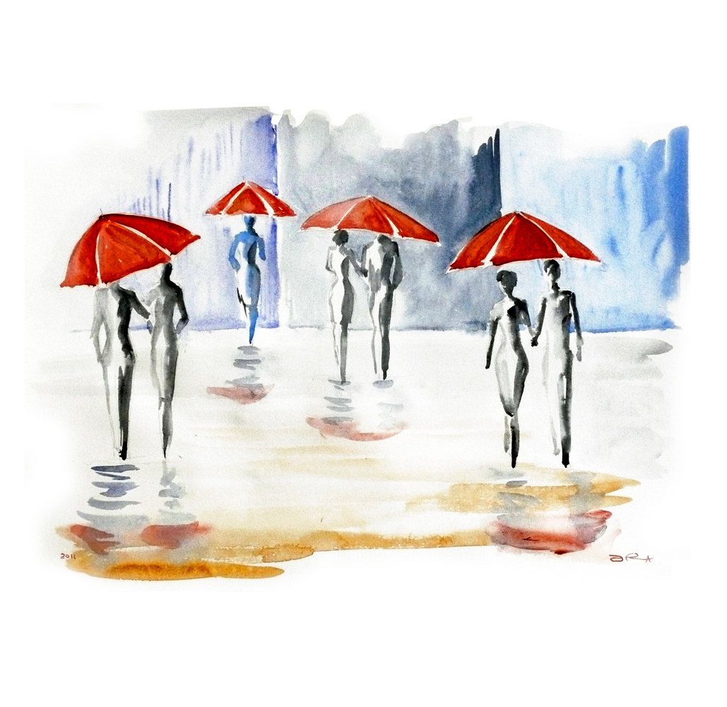 1029x1000 Abstract Love Red Umbrella Watercolor Painting 22x16 By Elena - Elena Romanova Watercolor