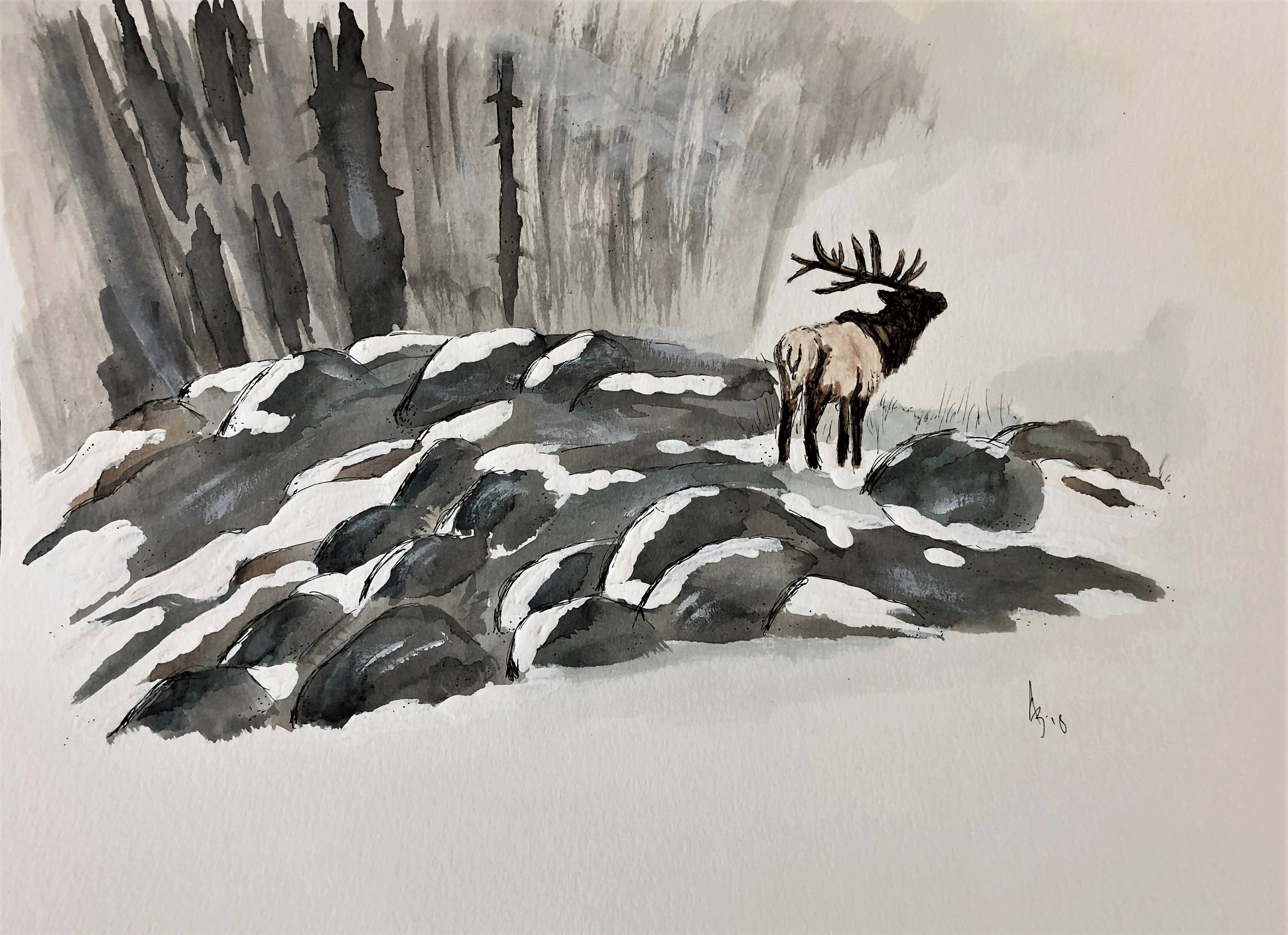 3000x2177 Elk In Woods Watercolor Painting Elk Print Elk Watercolor - Elk Watercolor