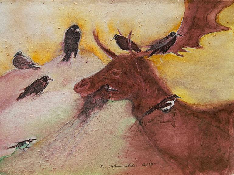 770x577 Saatchi Art Elk And 8 Birds. Painting By Remigiusz Dobrowolski - Elk Watercolor Paintings