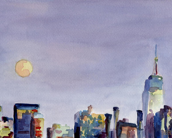 599x480 Full Moon And Empire State Building Watercolor Painting Of Nyc - Empire State Building Watercolor