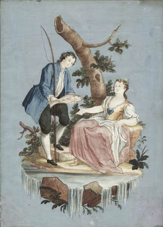324x450 Fine Art, Fishing Couple, English Antique Watercolor, 18th Century - English Watercolor