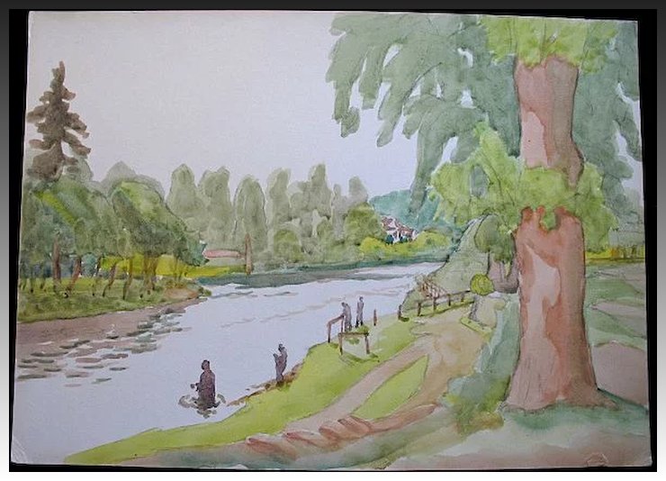 740x534 Vintage 1930s Large English Watercolor Painting Men Fishing In - English Watercolor
