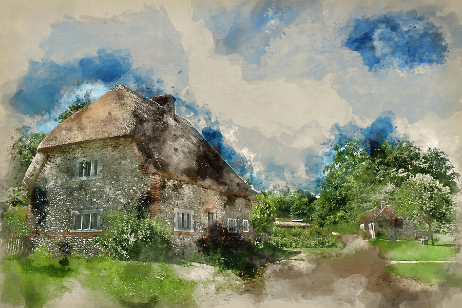 900x600 Watercolor Painting Of Old English Village Cottage In Countrysid - English Watercolor