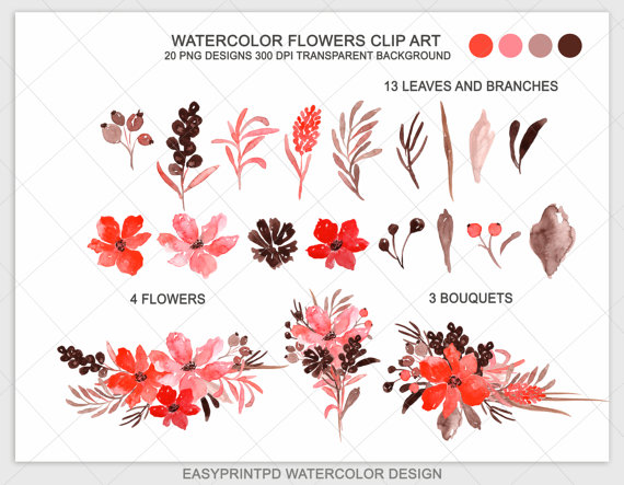 570x443 Red Watercolor Flowers Clipart, Hand Painted Valentine Clipart - Etsy Watercolor Flowers