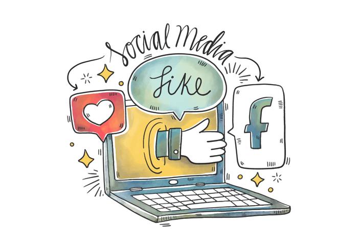 700x490 Watercolor Illustration Of Laptop, Facebook, Speech Bubble And - Facebook Watercolor