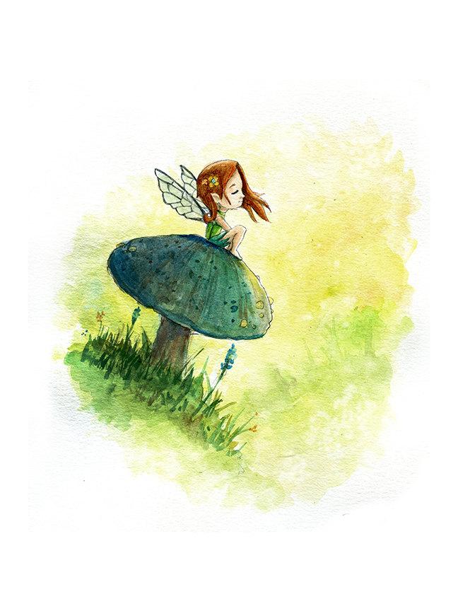 648x864 Blue Mushroom Fairy Watercolor Print Ben Byrd Art - Fairy Watercolor