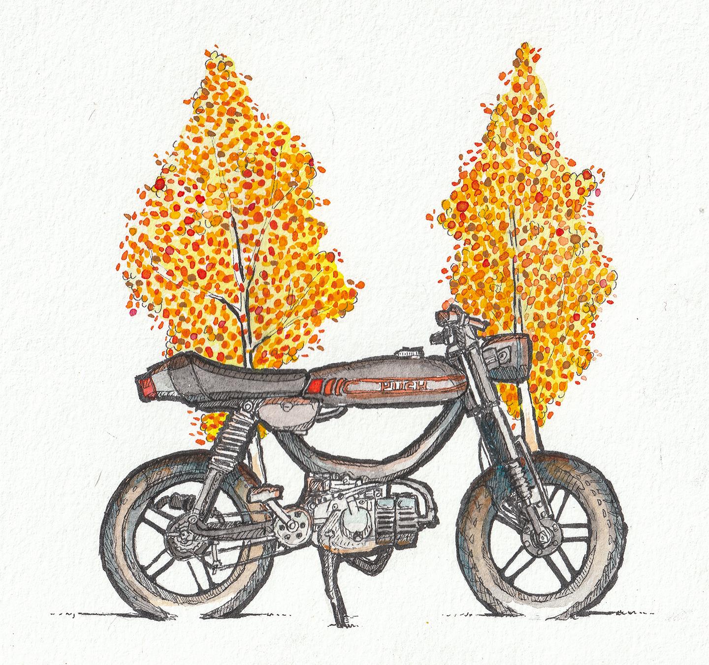1440x1351 Weekend Painting. Puch Cobra And Fall Colors Watercolor - Fall Colors Watercolor