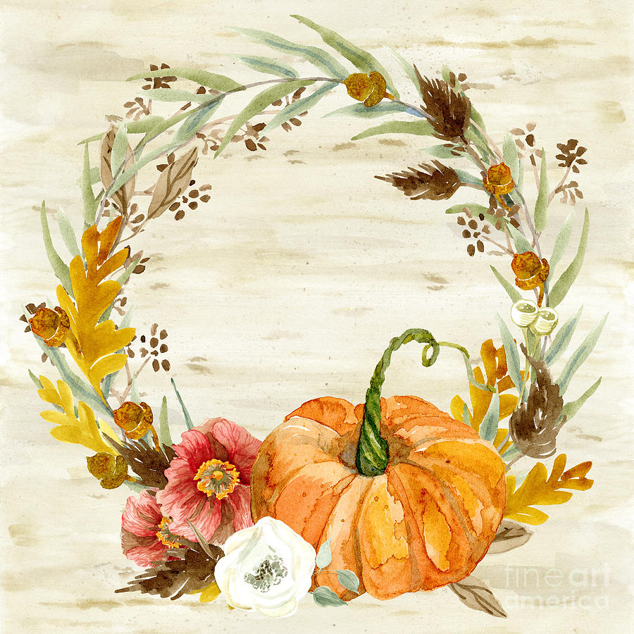 900x900 Fall Autumn Harvest Wreath On Birch Bark Watercolor Painting By - Fall Watercolor