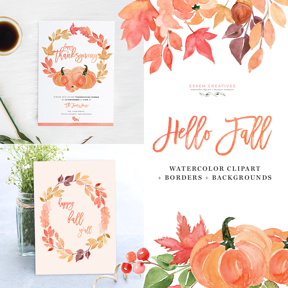 1000x1000 Fall Clipart, Autumn Watercolor Wreath Clip Art, 5x7 Digital Paper - Fall Watercolor