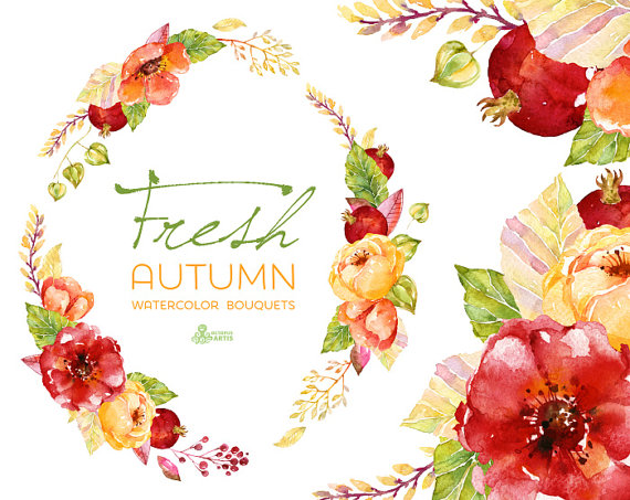 570x453 Fresh Autumn Bouquets Amp Wreath. Handpainted Watercolor Clipart - Fall Watercolor Flowers
