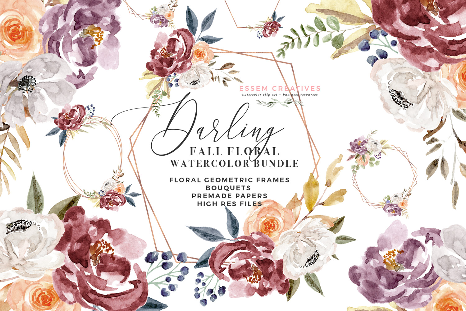 1500x1001 Fall Floral Watercolor Clipart, Burgundy Rose Gold Geometric - Fall Watercolor Flowers