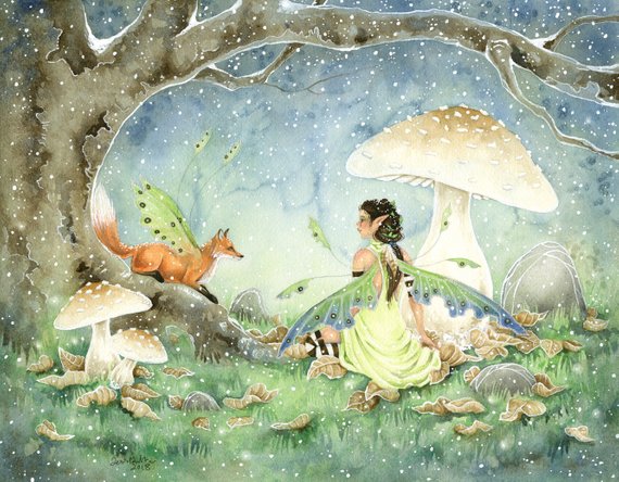 570x444 Fairy Art Watercolor Print A Spring Snow Fox. Fantasy Art. Etsy - Fantasy Art Watercolor