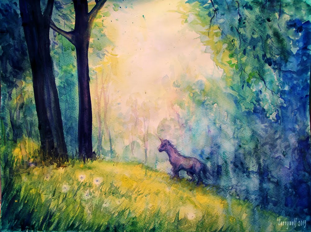 1000x747 Fantasy Forest Unicorn Watercolour - Fantasy Art Watercolor