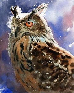 239x300 Giclee Print Owl Bird Of Prey Hunting Forest Watercolor Painting - Fantasy Art Watercolor