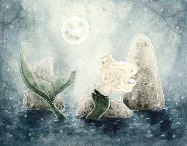 642x502 Mermaid Art Watercolor Print Moonlit Siren Fantasy Art. Etsy - Fantasy Art Watercolor