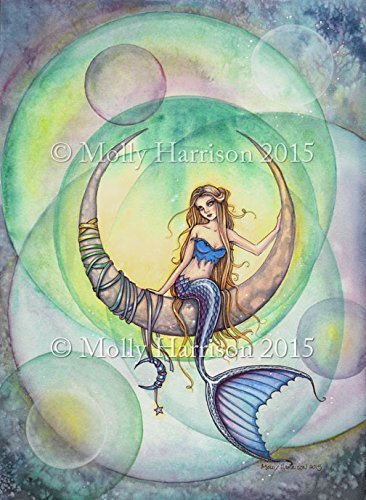 366x500 Cobalt Moon Magical Mermaid Fantasy Art Watercolor - Fantasy Art Watercolor
